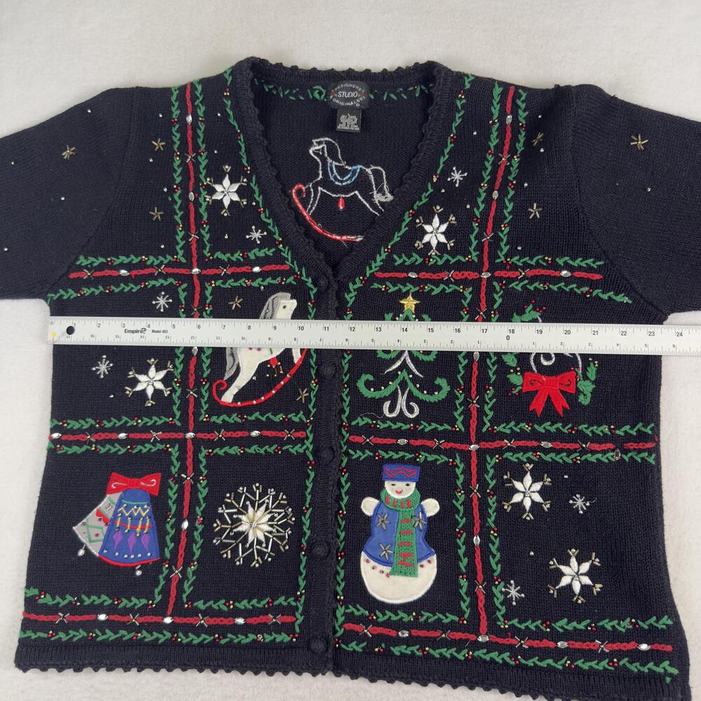 Vintage Embroidered Christmas Cardigan Sweater Rocking Horse Beaded Black Size L - Picture 6 of 10